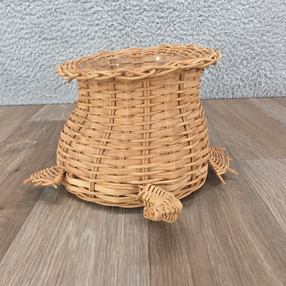 Vintage Interpur Woven Wicker Turtle Basket Planter with Plastic Liner Taiwan